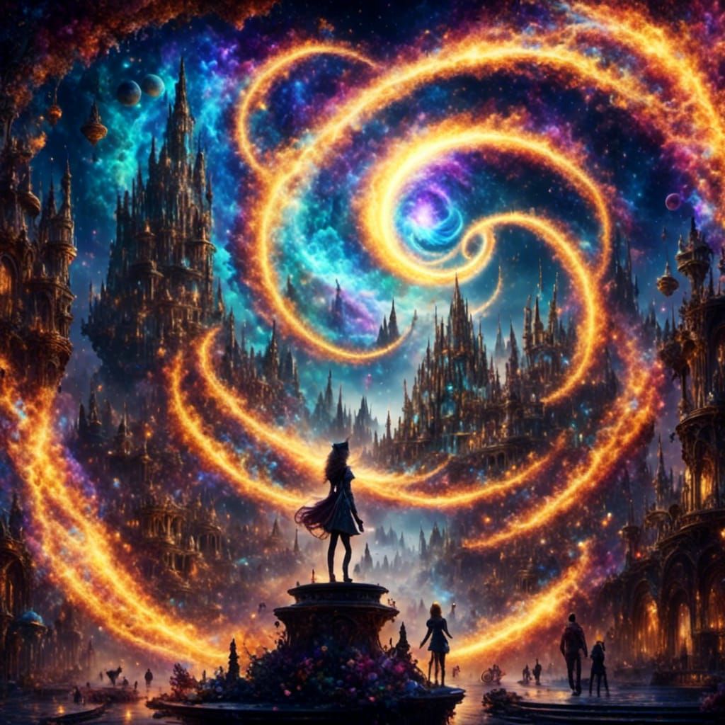 Cute Cat with Halo in Fantasy City