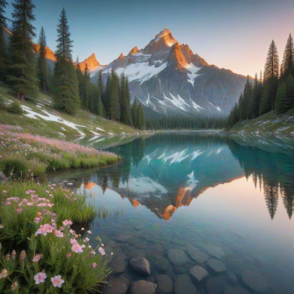 Snow-Capped Mountain Peak Reflected in Alpine Lake