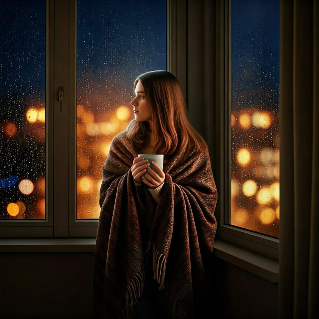 Girl Watching Rainy Night with Tea: Bokeh Photography