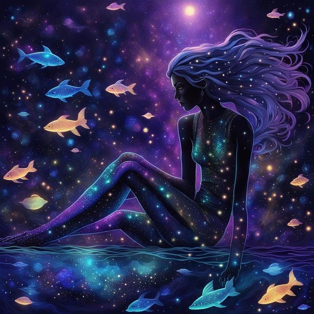 Holographic Mermaid in Neon Cosmos: Goth-Punk Style