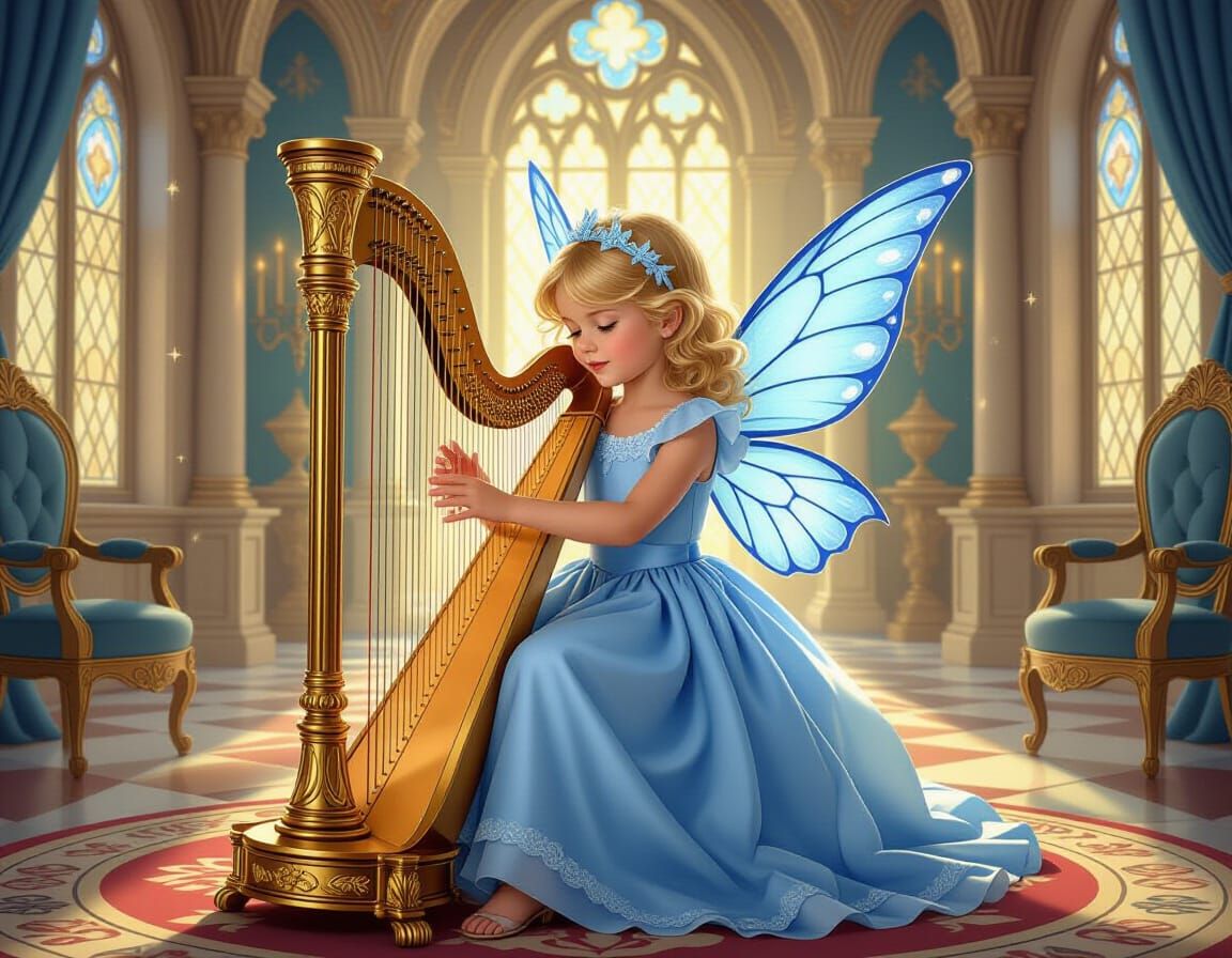 Whimsical Girl with Harp in Castle, Pin-Up Art