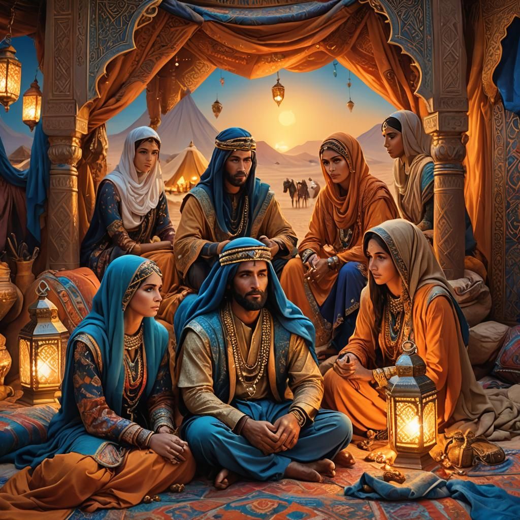 Arab Lord with Wives: Fantasy Oil Painting