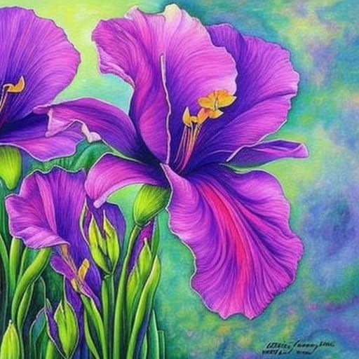 Beautiful Purple Iris Flower in Folk Art Style