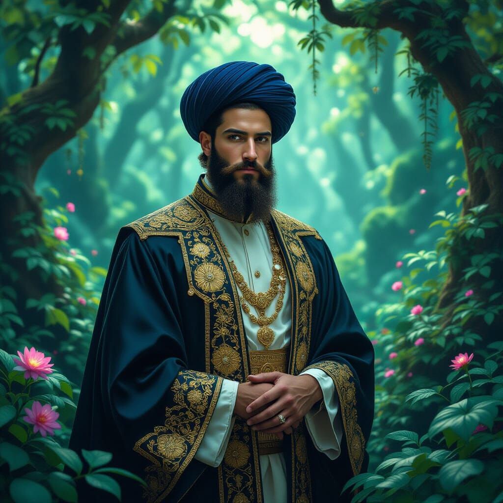 Jewish Prince in Bioluminescent Forest, Art Nouveau