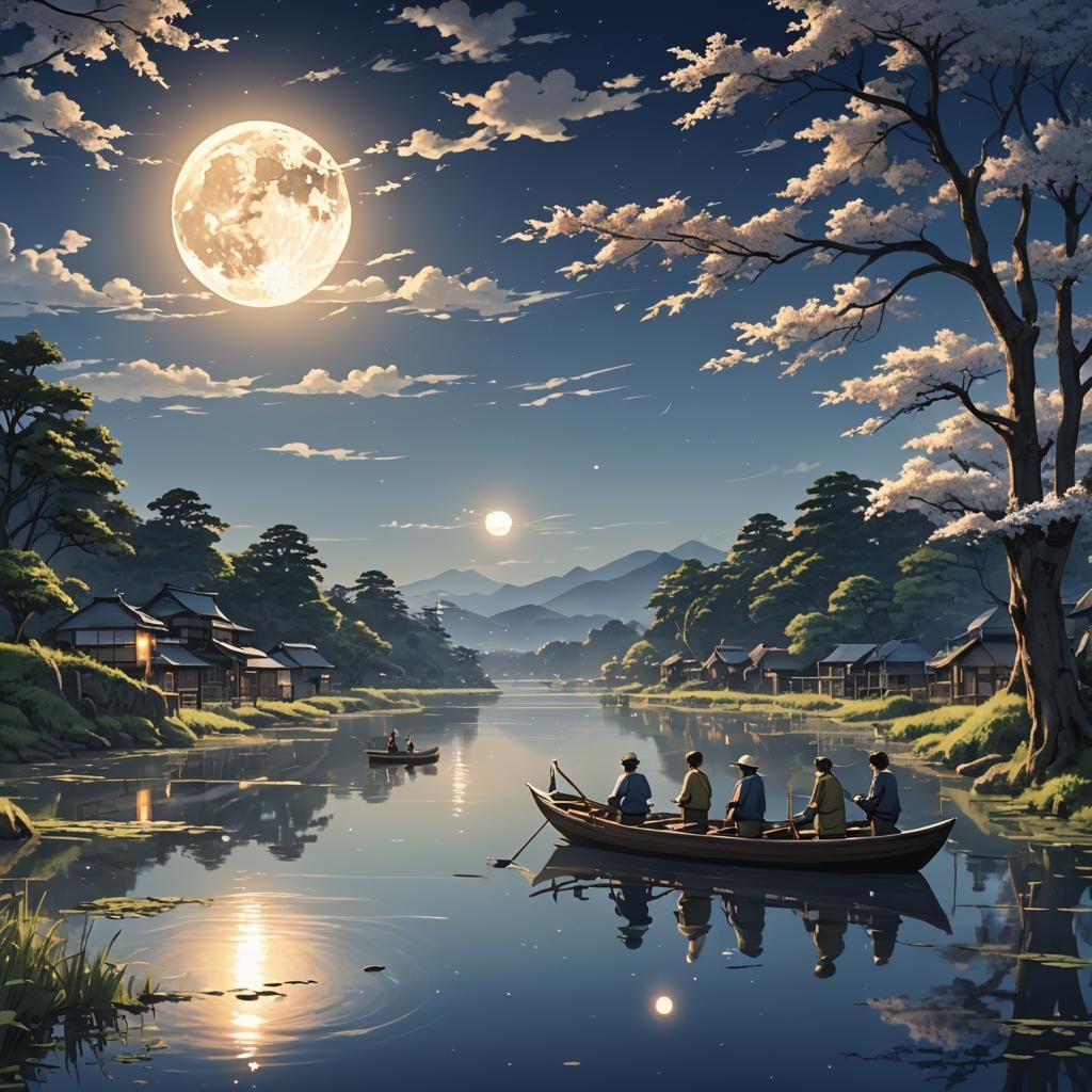 Fishermen on River with Moon and Sun: Anime Style