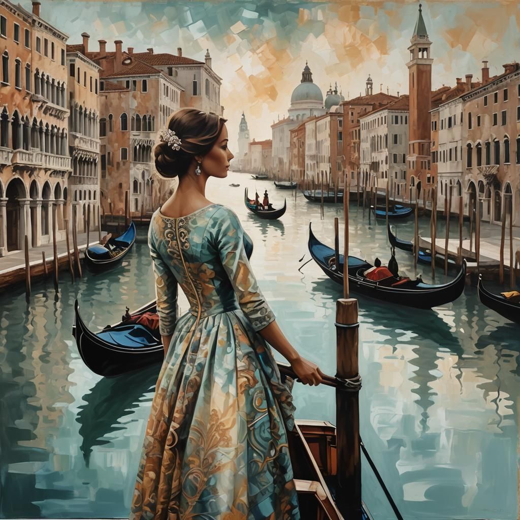 Dreamy Woman's Profile Merged with Venice in Dark Fantasy