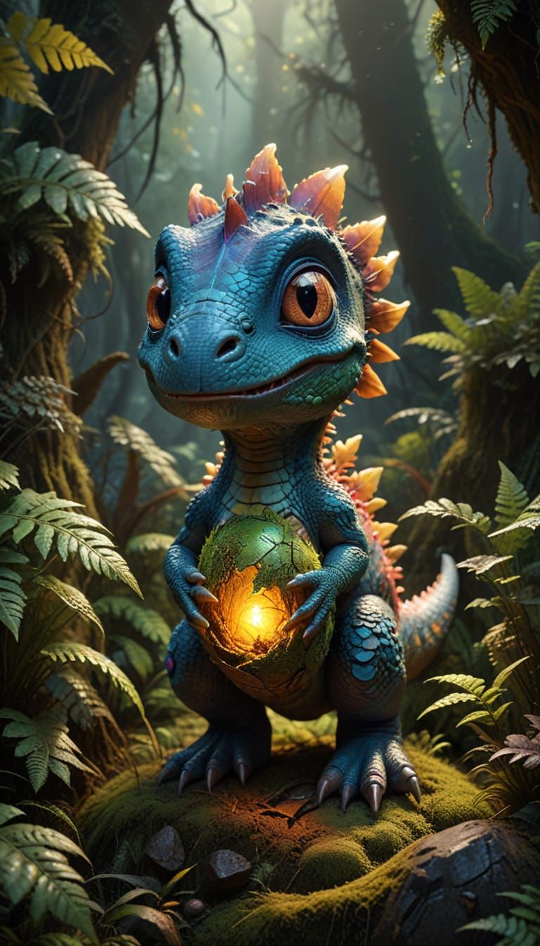 Vibrant Baby Dinosaur Hatches in Prehistoric Forest