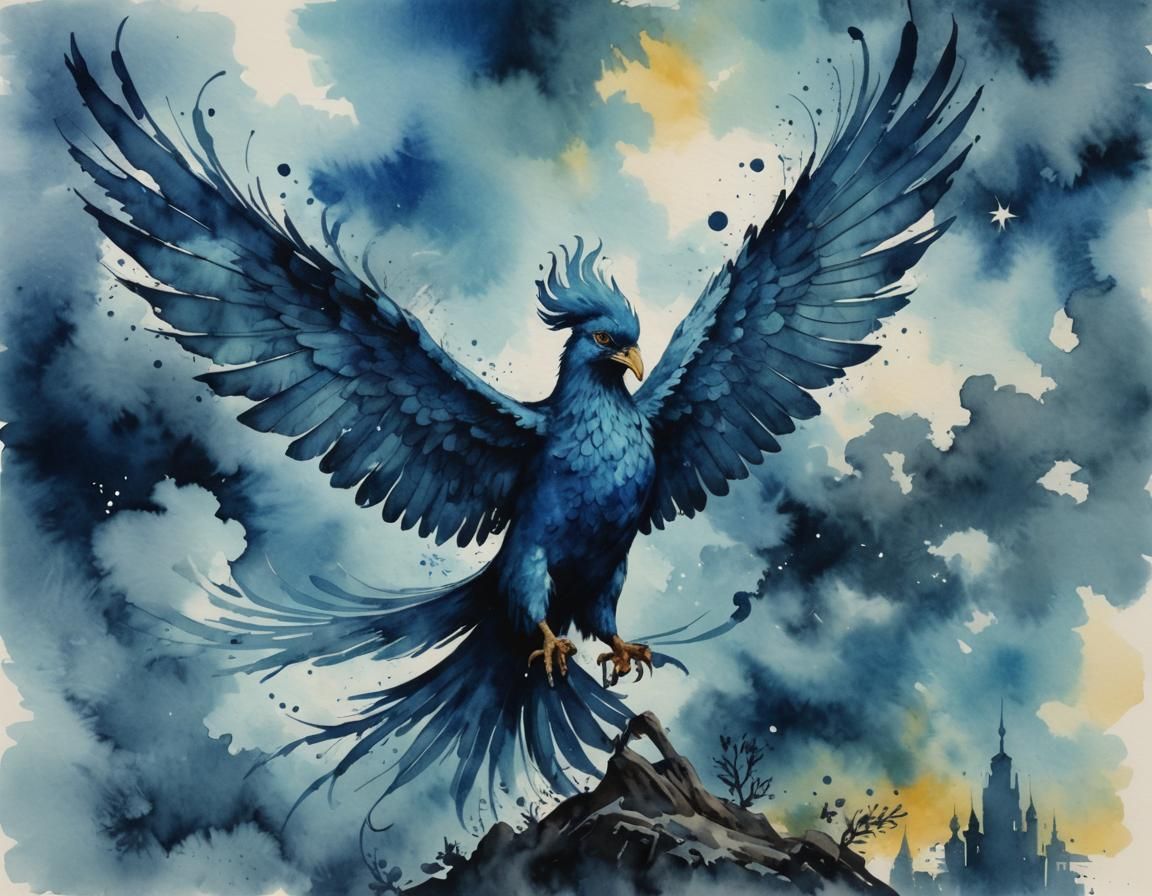 Blue Phoenix Watercolor Painting in Pop Art Style