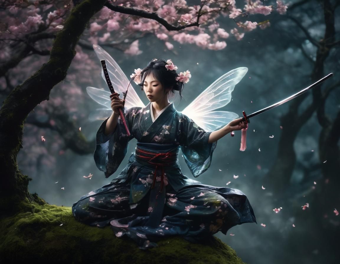 Japanese Fairy Training with Katana as Impasto Painting