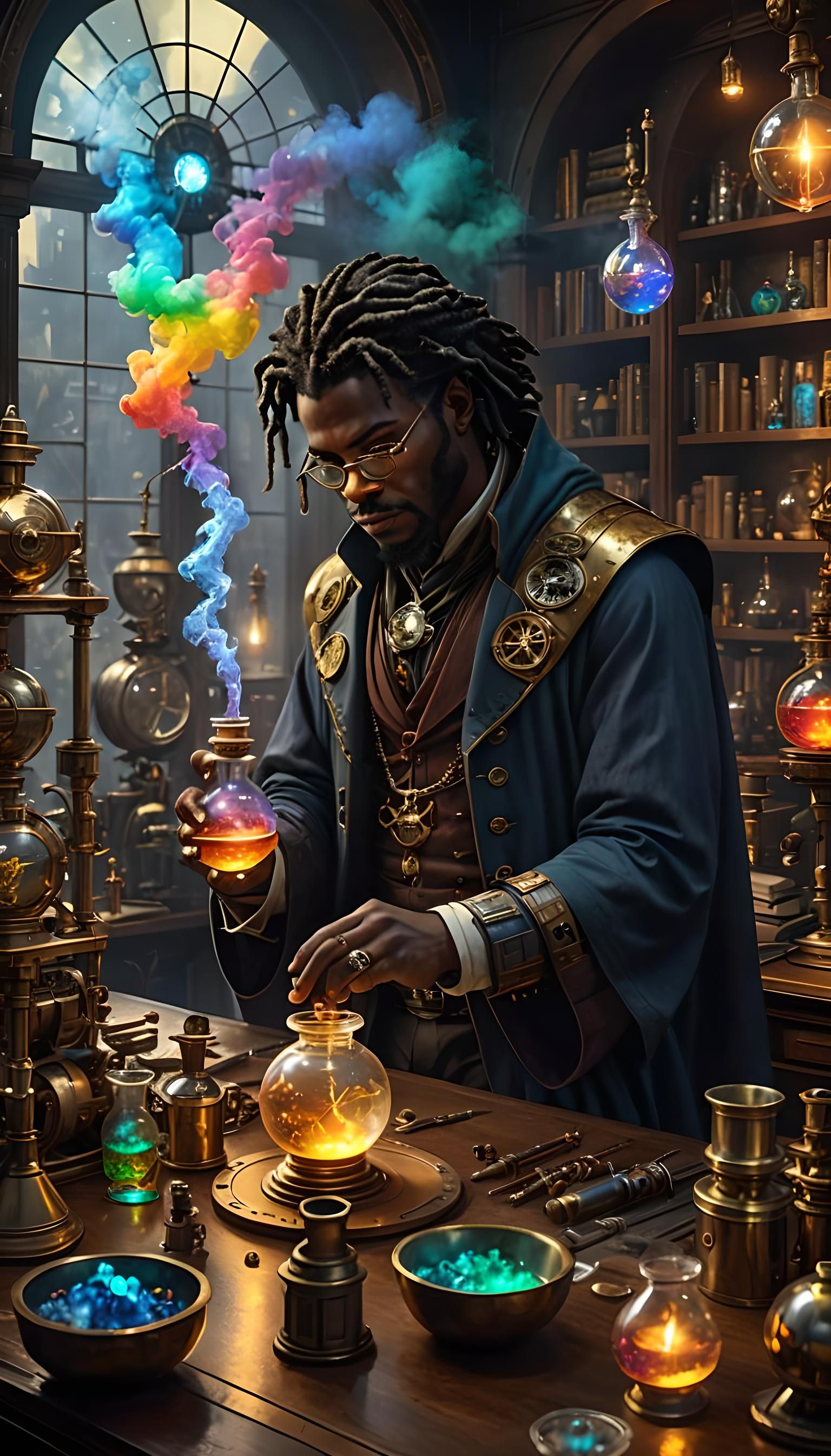 Steampunk Alchemist in Bioluminescent Astral Laboratory