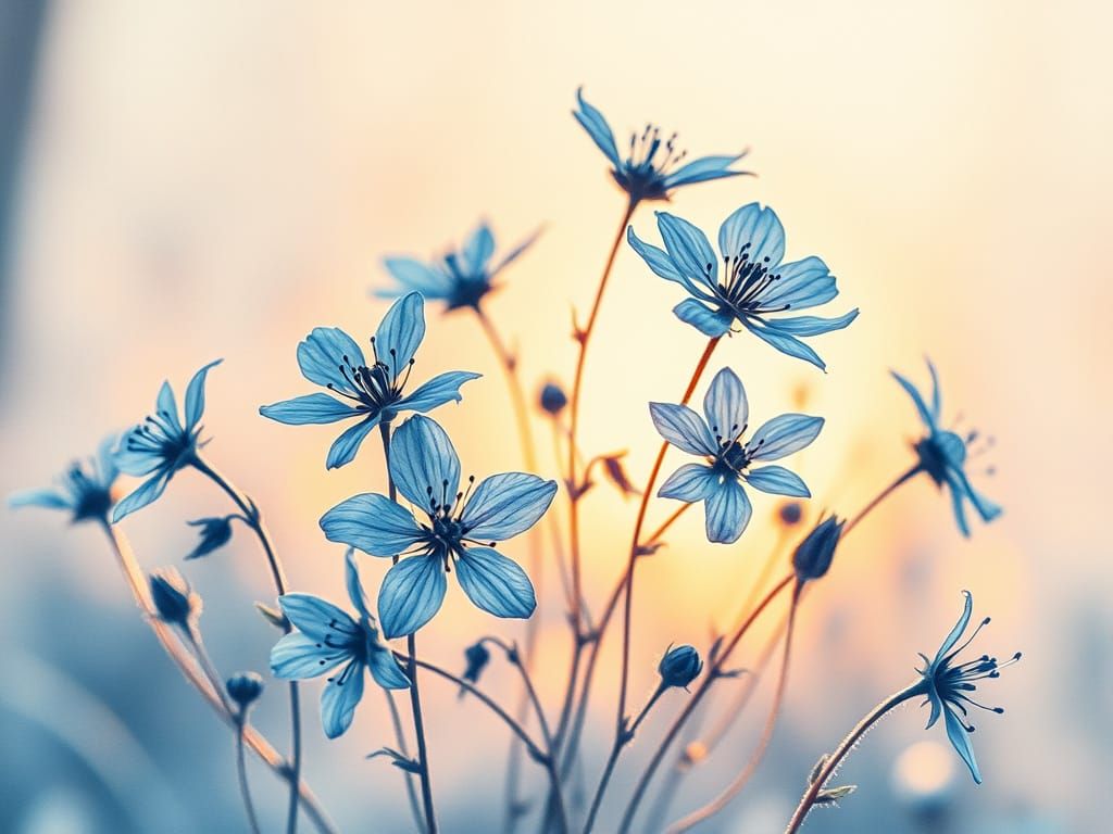 Delicate Blue Flowers in Golden Evening Light, Inspired by D...