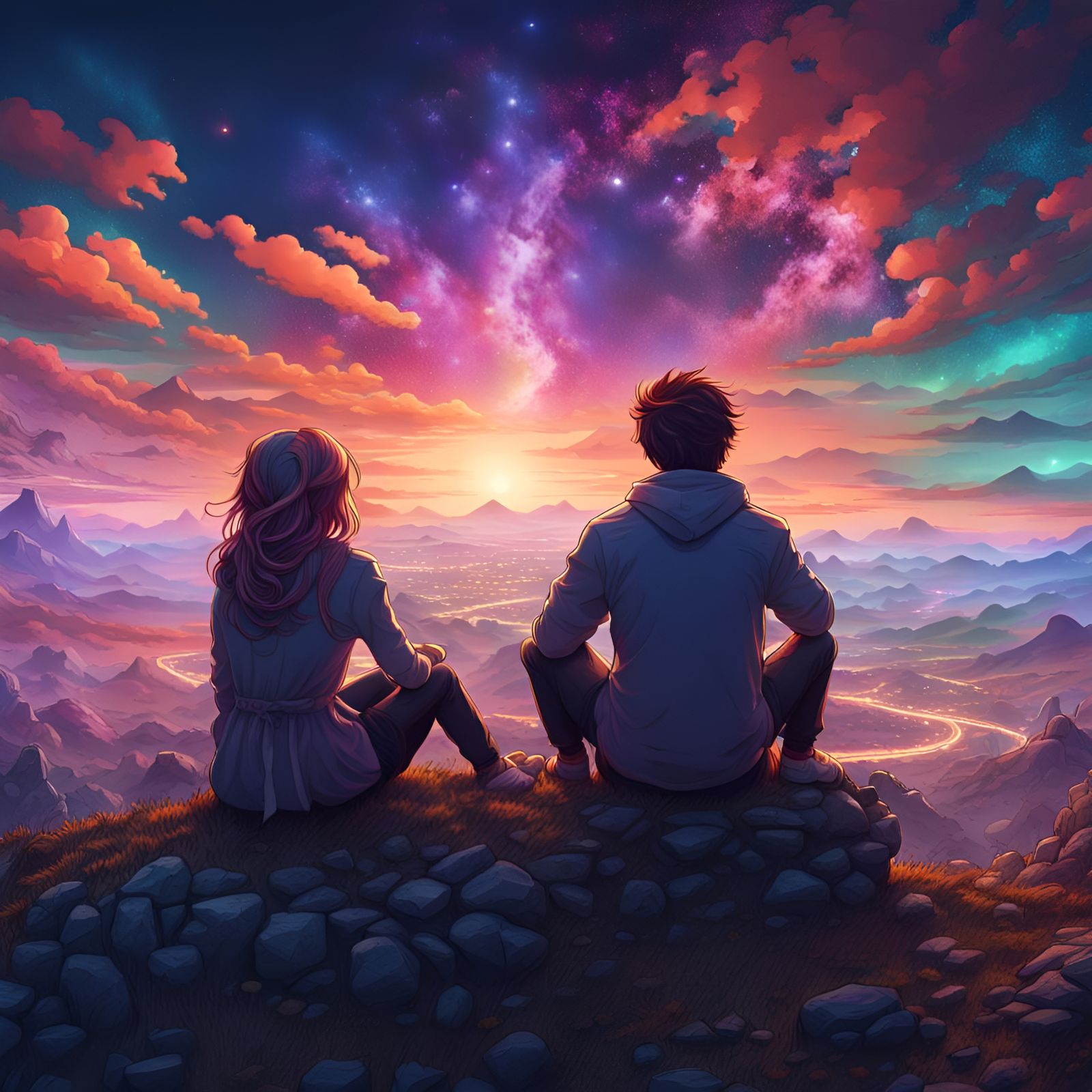 Couple Gazing at Psychedelic Starry Sky, Anime Style