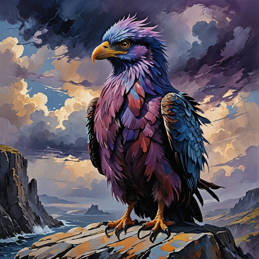 Korv Bird Portrait in Gouache with Stormy Sky