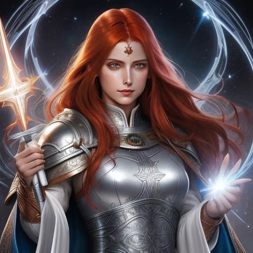 Female Aasimar Cleric Worshipping Ephara in Comic Book Style