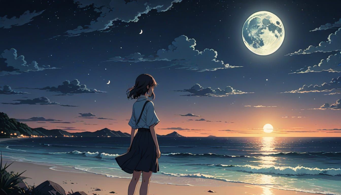 Girl at Moon in Summer Night, Manga Style