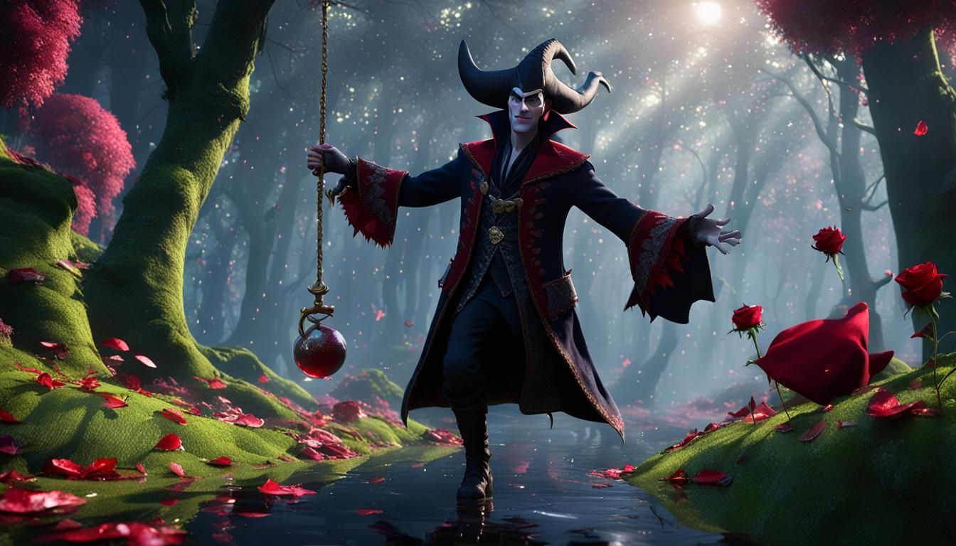 captain hook  swinging at  Maleficent,  dew drops on reflect...