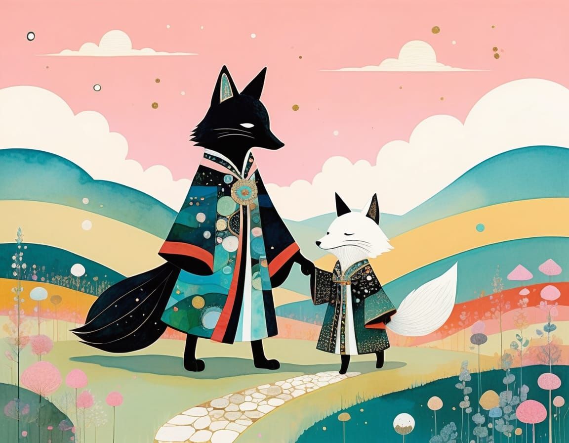 Black Fox Spirit and Chibi Fox in Whimsical World