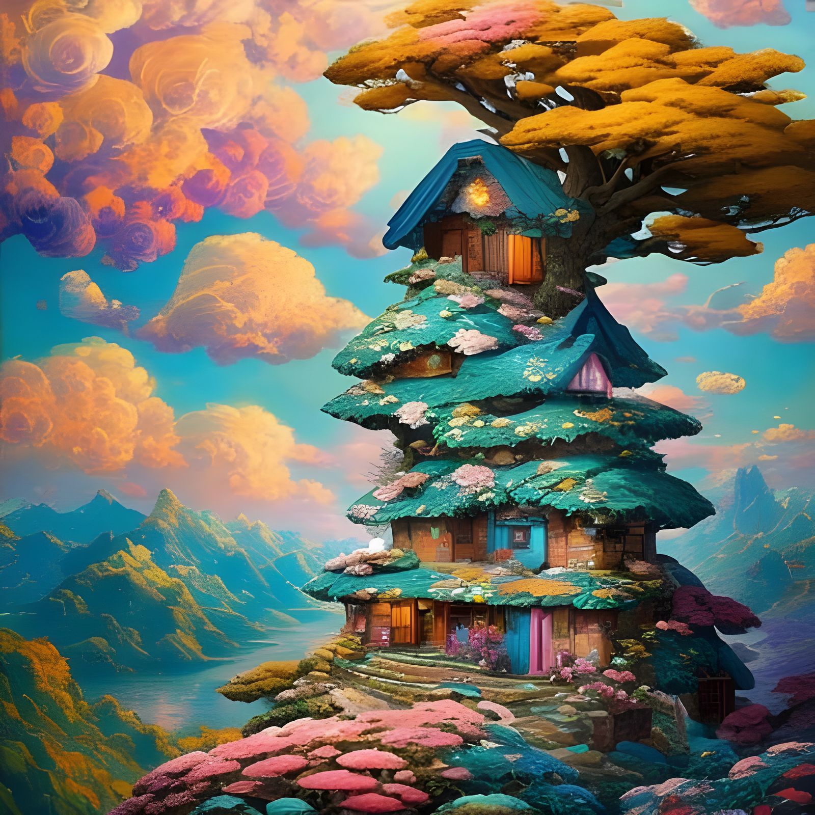 Fantasy Landscape with Whimsical Treehouse, Hyperdetailed Ar...