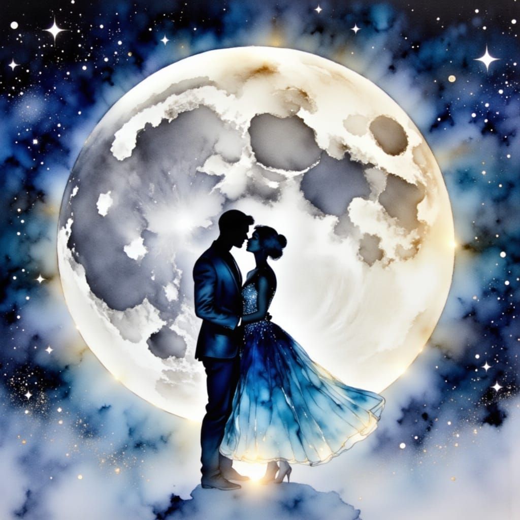 Art Deco Couple Dancing on Moon in Ethereal Cosmos