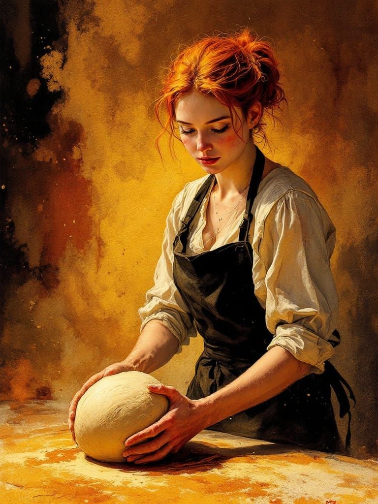 Redhead Baker Kneading Dough with Rembrandt-Sesshu Style