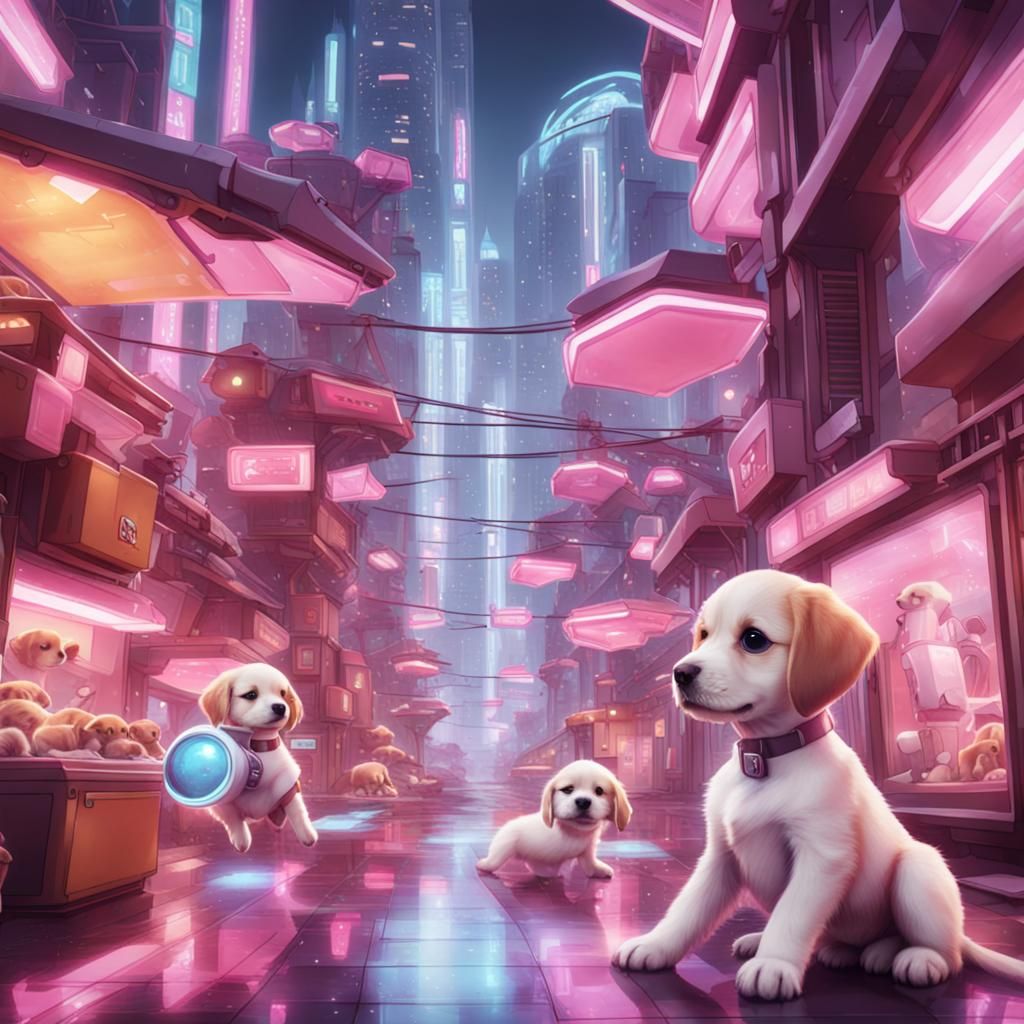 Futuristic Puppy City with Robot Butlers