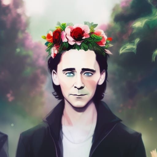 Loki in Floral Crown: Anime-Inspired Digital Art