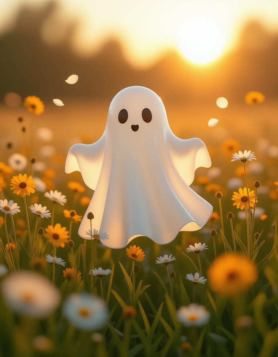 Cute Ghost in Wildflower Field During Golden Hour