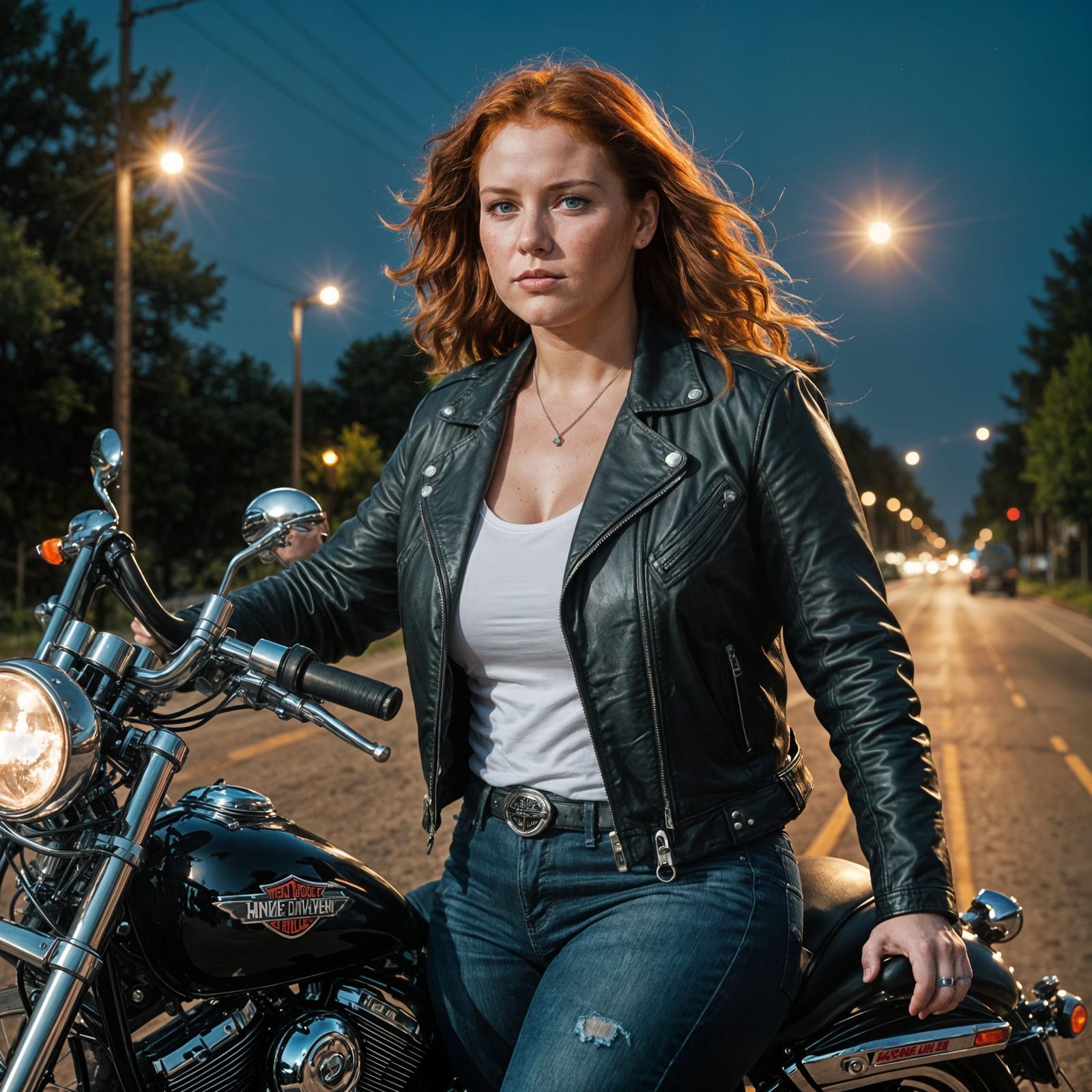 Lone Female Biker Cruises Under Moonlight