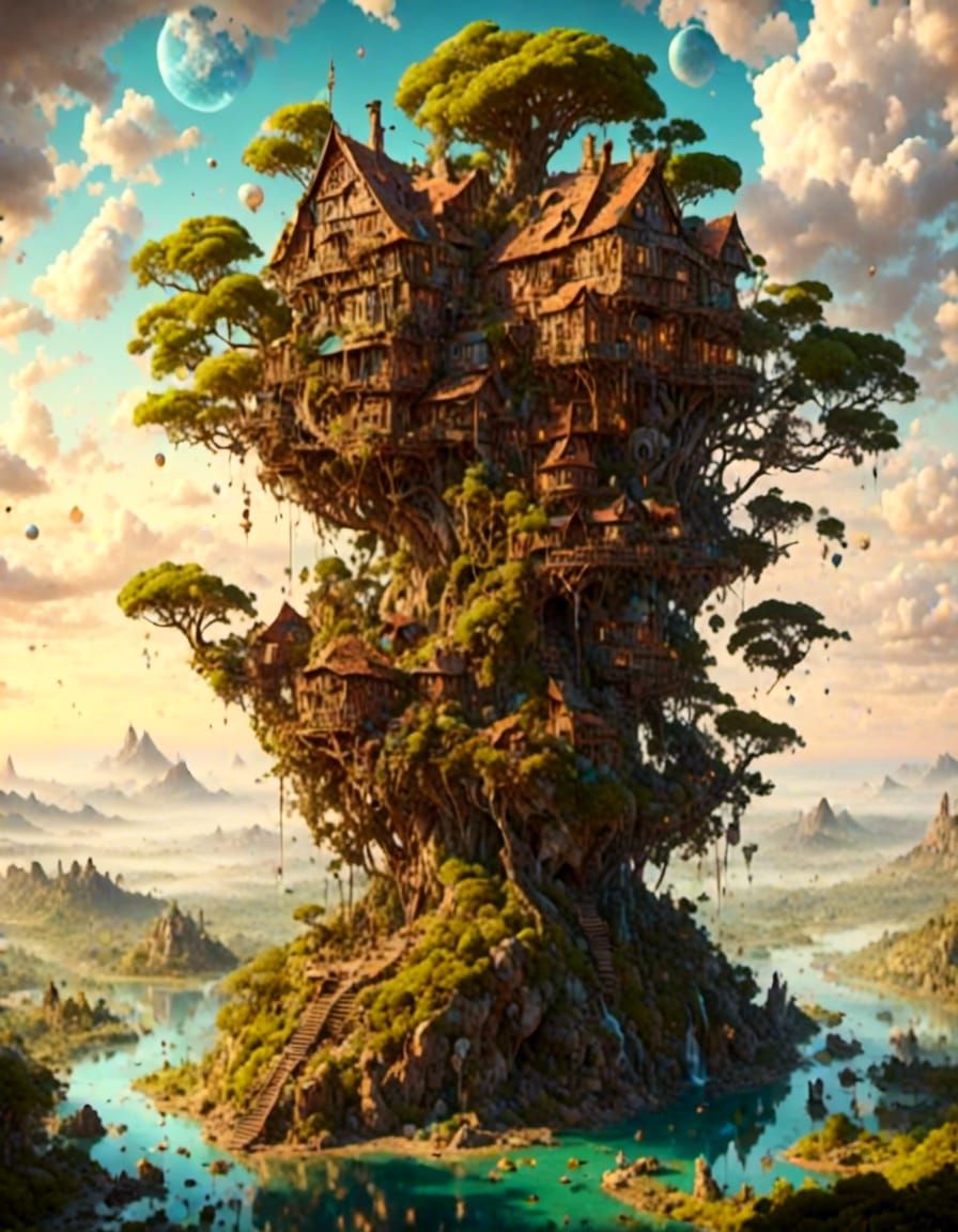 Cosmic World Tree House in Abstract Style