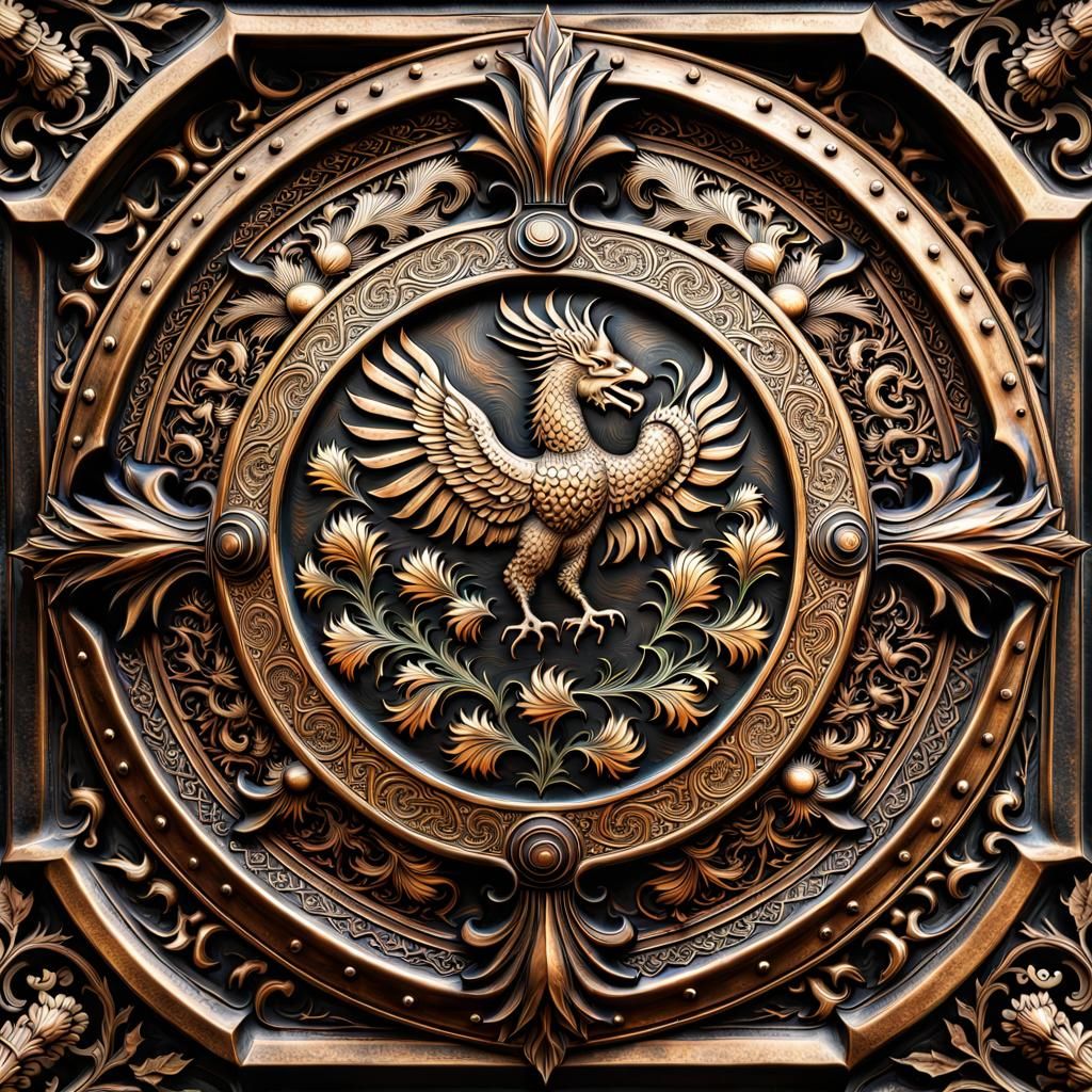Bronze Shield with Griffins and Intricate Filigree