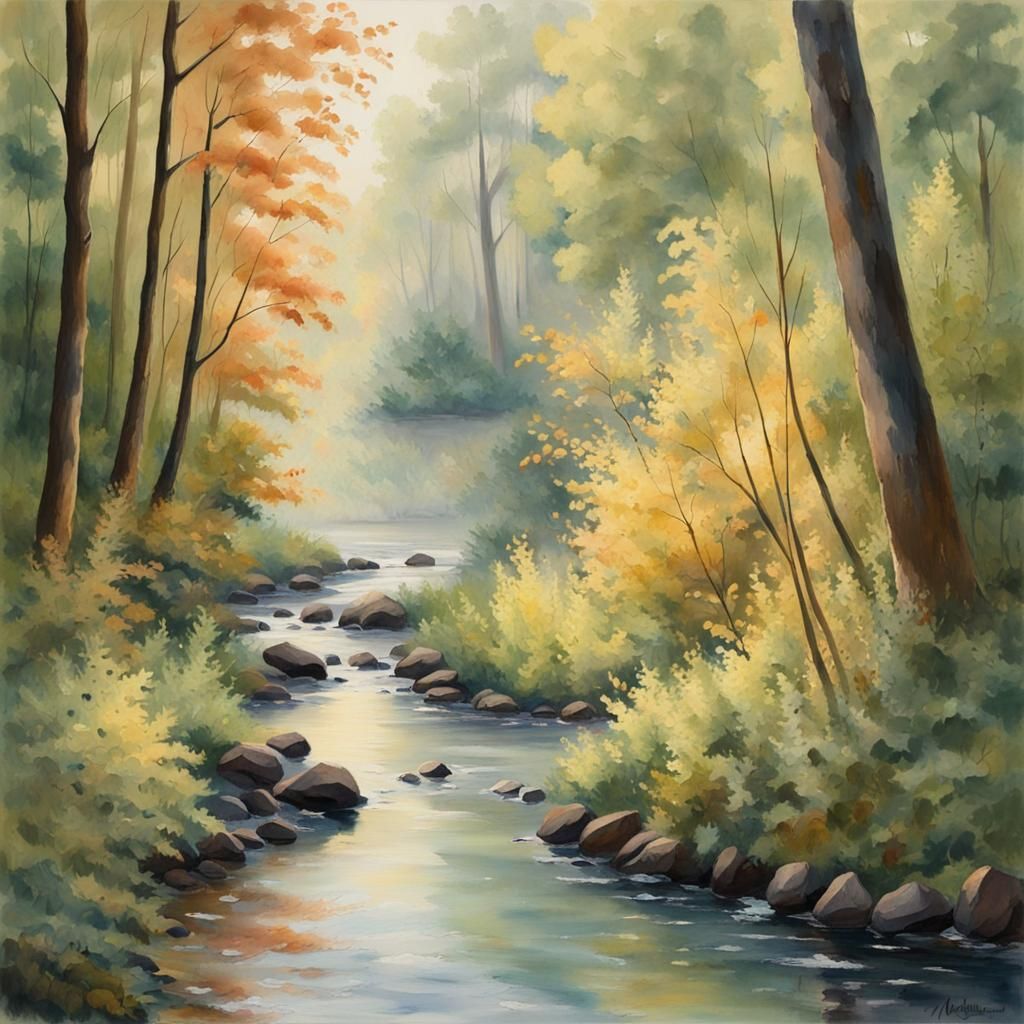 Misty Woodland Landscape in Impressionist Gouache Style