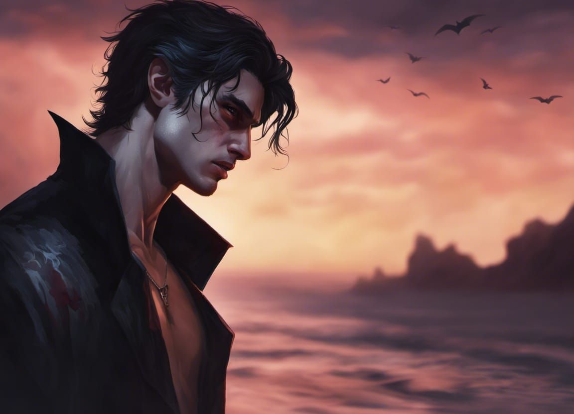 Lonely Vampire on Beach at Night: Hyperrealistic Art