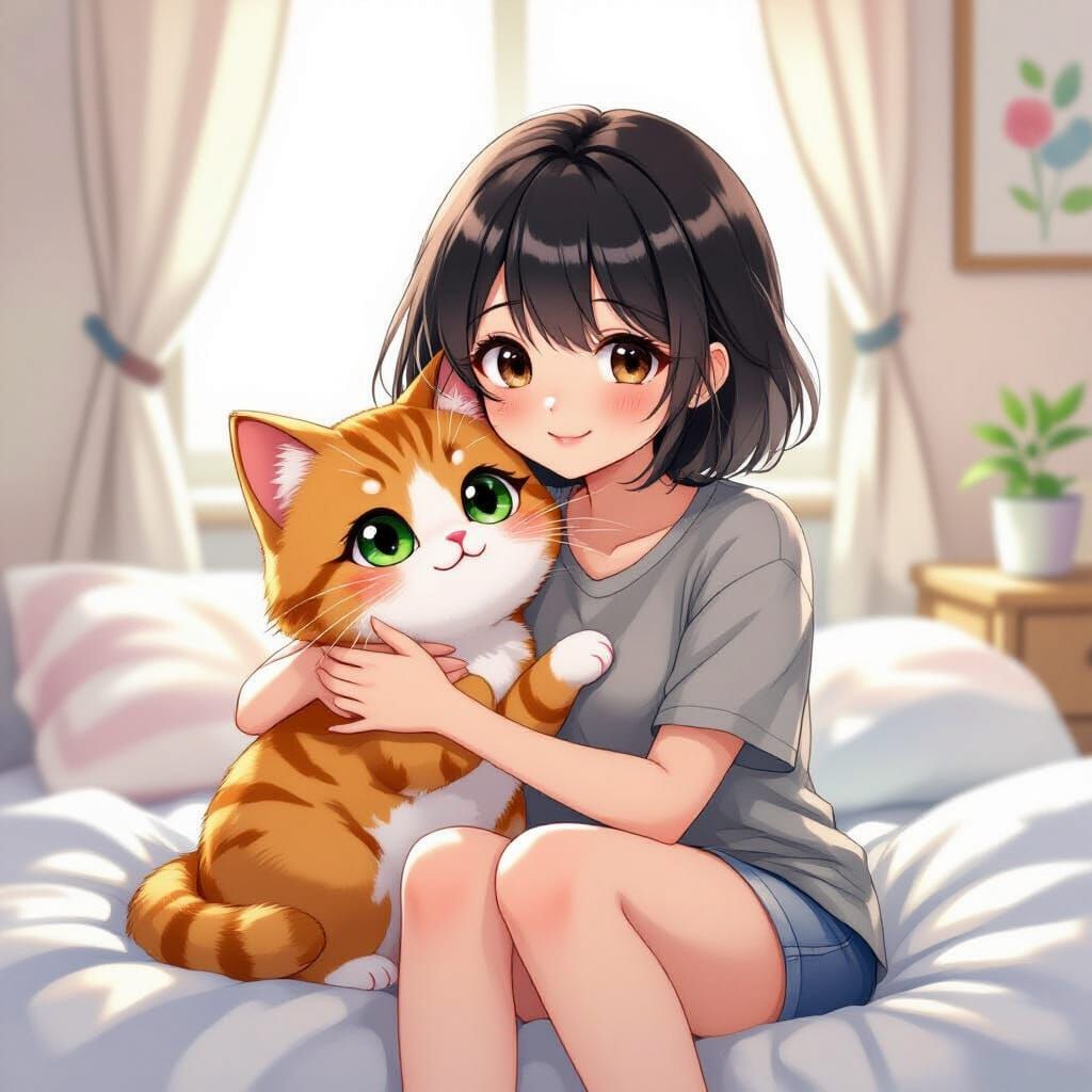 Woman Hugging Cat Plushie in Watercolor Anime Style