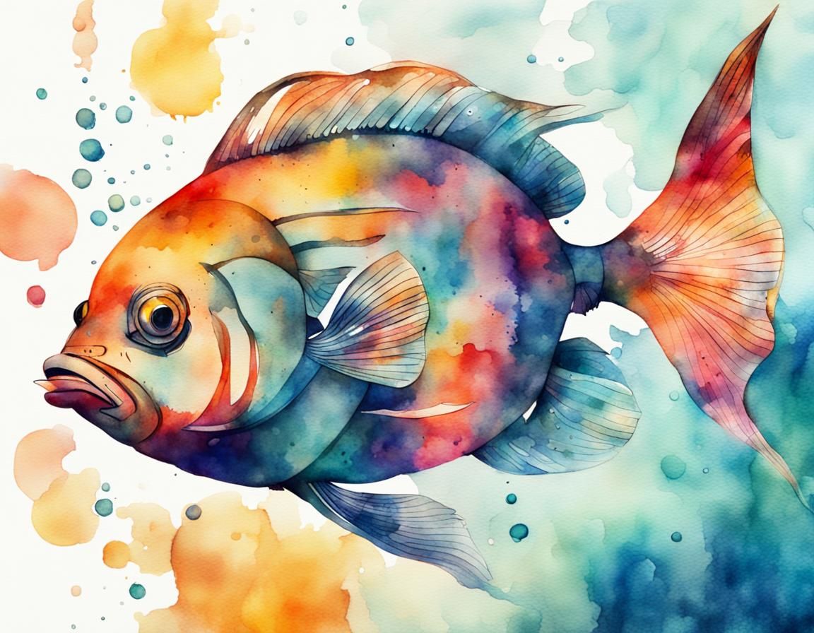 Watercolor Fish in Abstract Underwater City