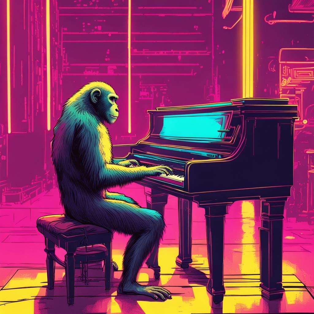 Monkey Plays Piano in Cyberpunk City