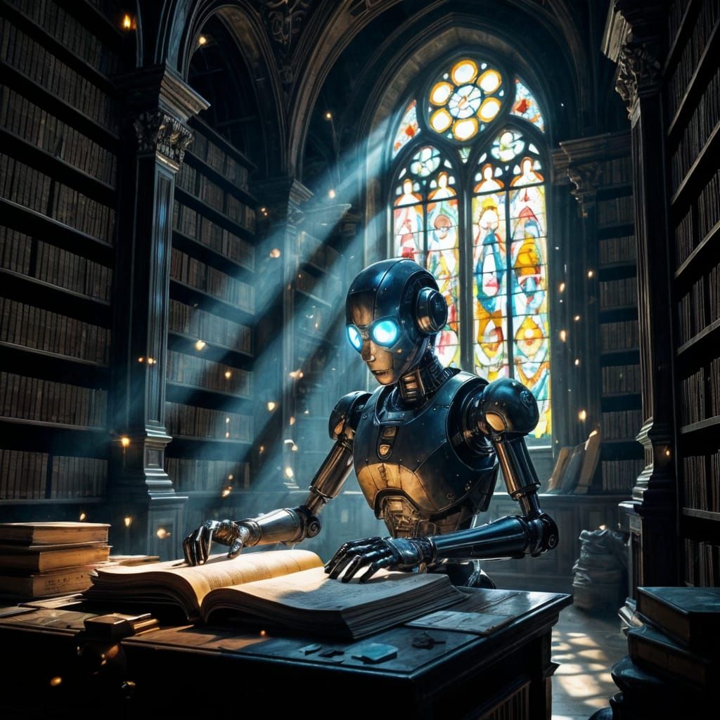 Robot Librarian Organizing Ancient Scrolls in Dimly Lit Libr...