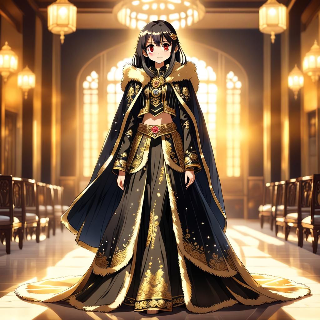Anime Woman in Black and Gold Fur Cloak
