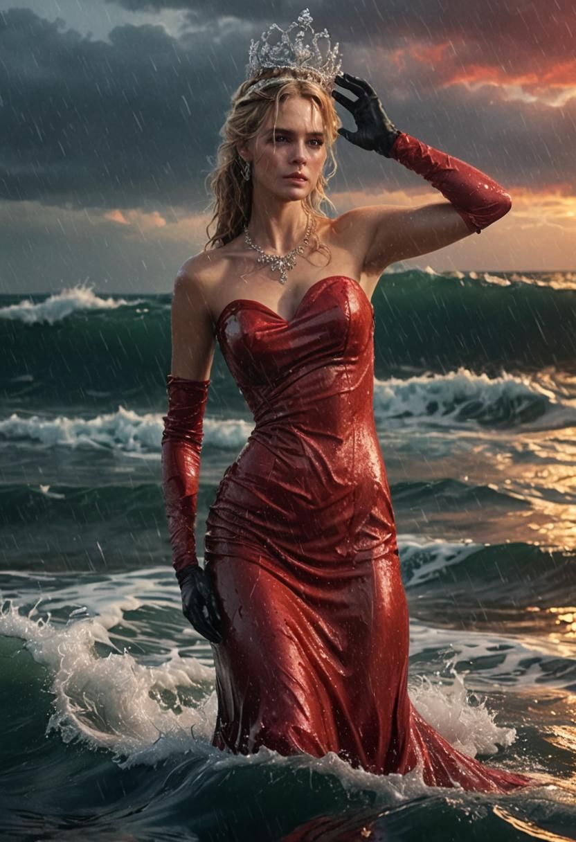 Glamorous Woman in Red Dress in the Sea