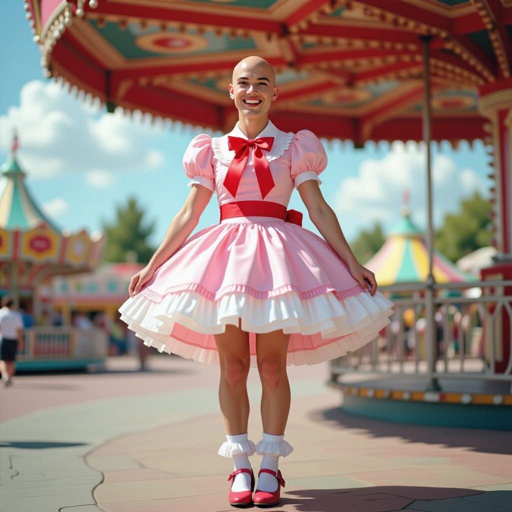 Man in Pink Dress Curtseys in Amusement Park