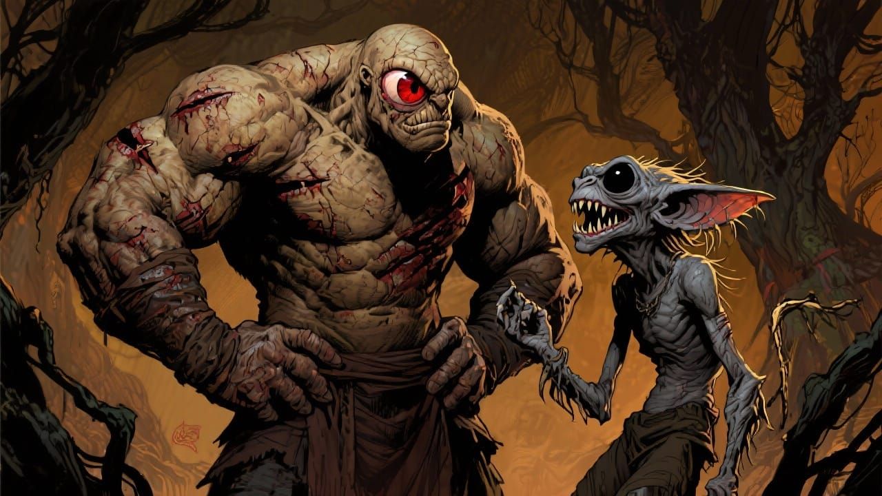 Muscular Cyclops and Goblin in Vibrant Fantasy Art