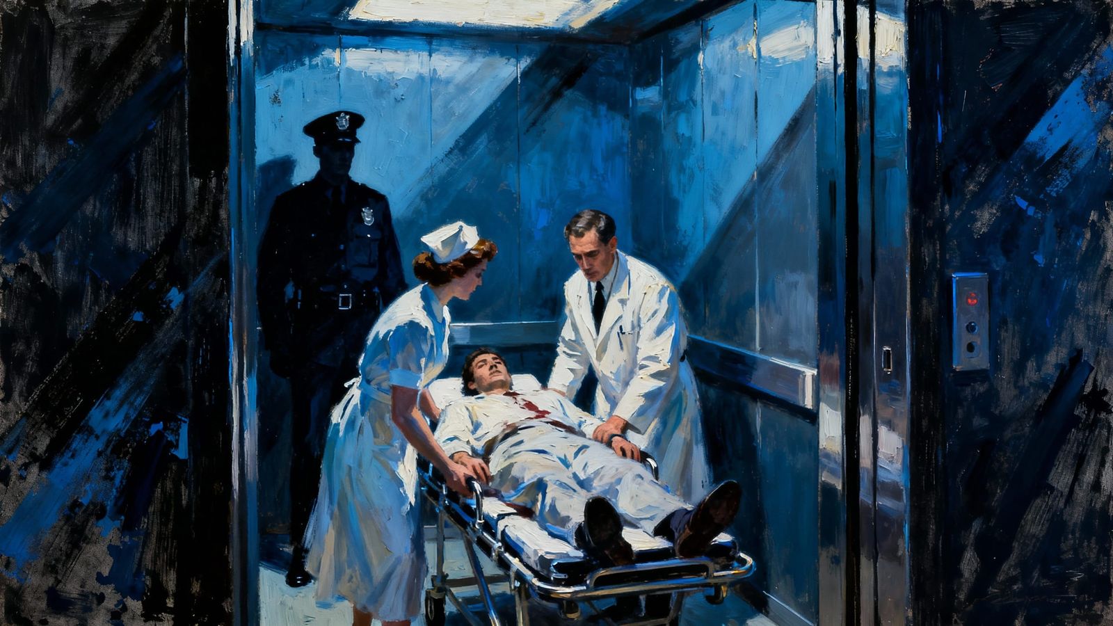 1920s Noir Assassin in Moody Hospital Elevator