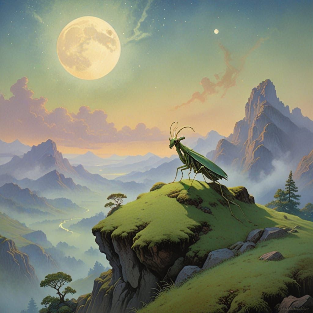 Maxfield Parrish Style Mantis Under Moonlit Sky
