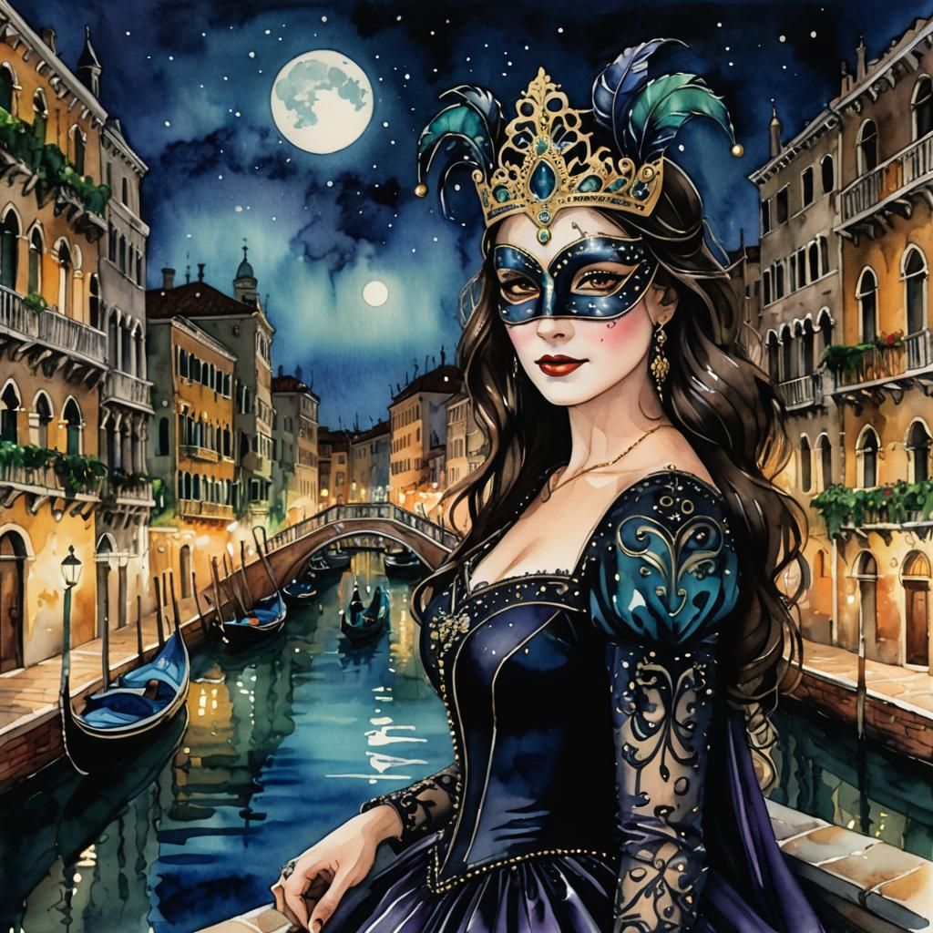 Venetian Princess in Watercolor and Ink