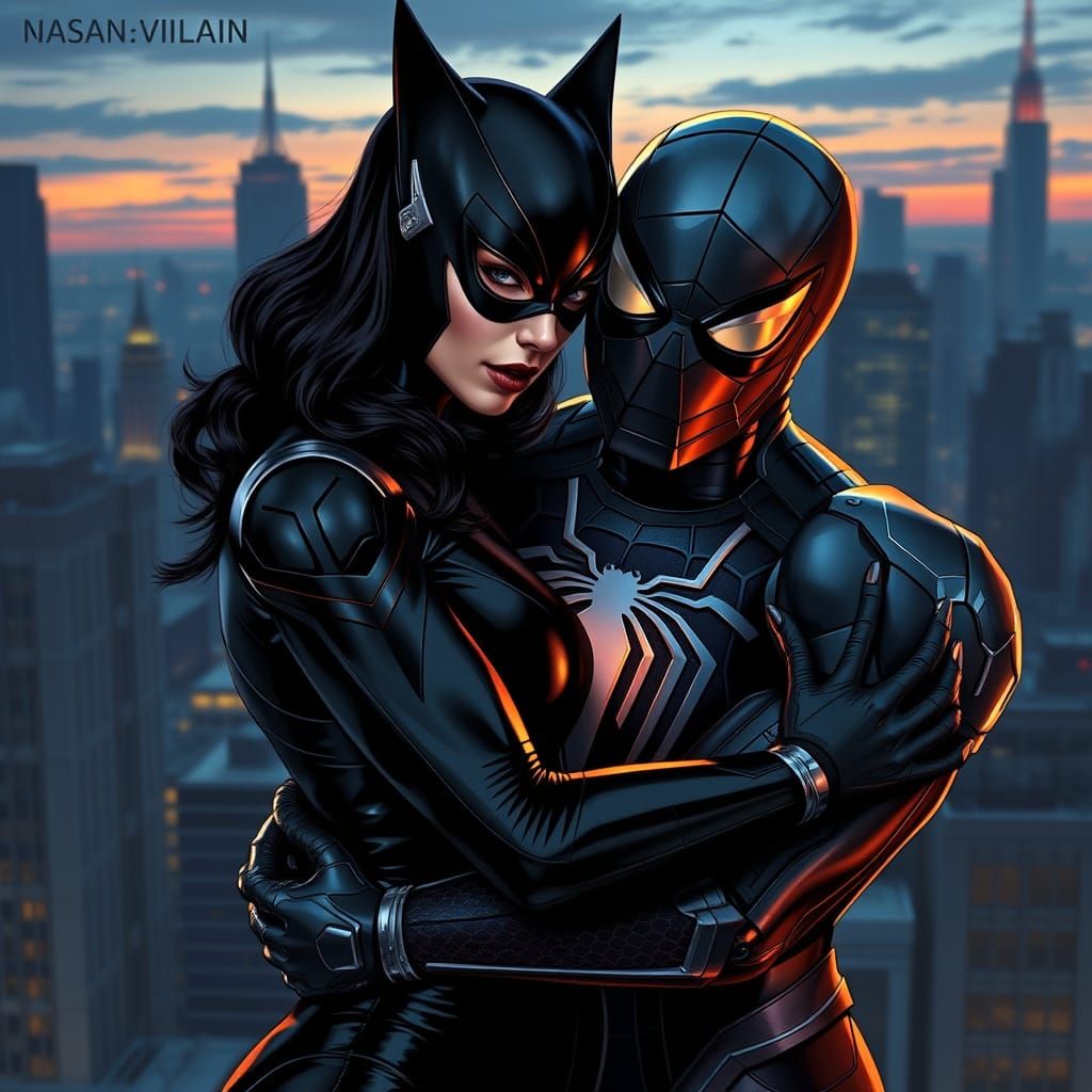 Futuristic Noir Catwoman and Spider-Man in Iron Armor