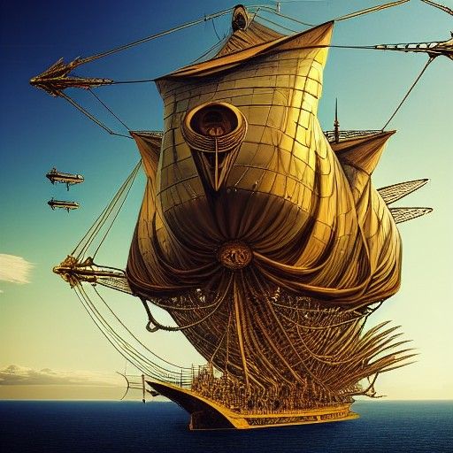 Steampunk Airship Soaring Through Golden Clouds