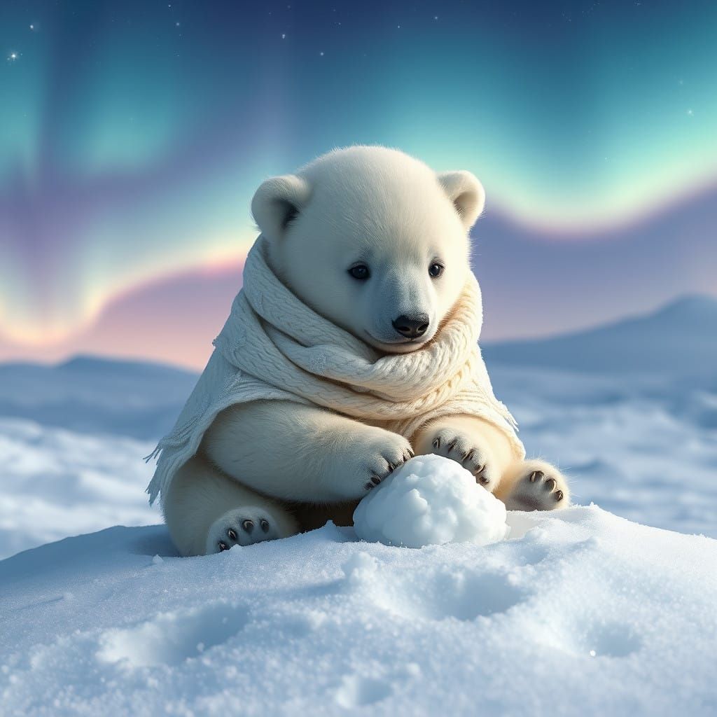 Serene Polar Bear Cub Surrounded by Ethereal Aurora Borealis