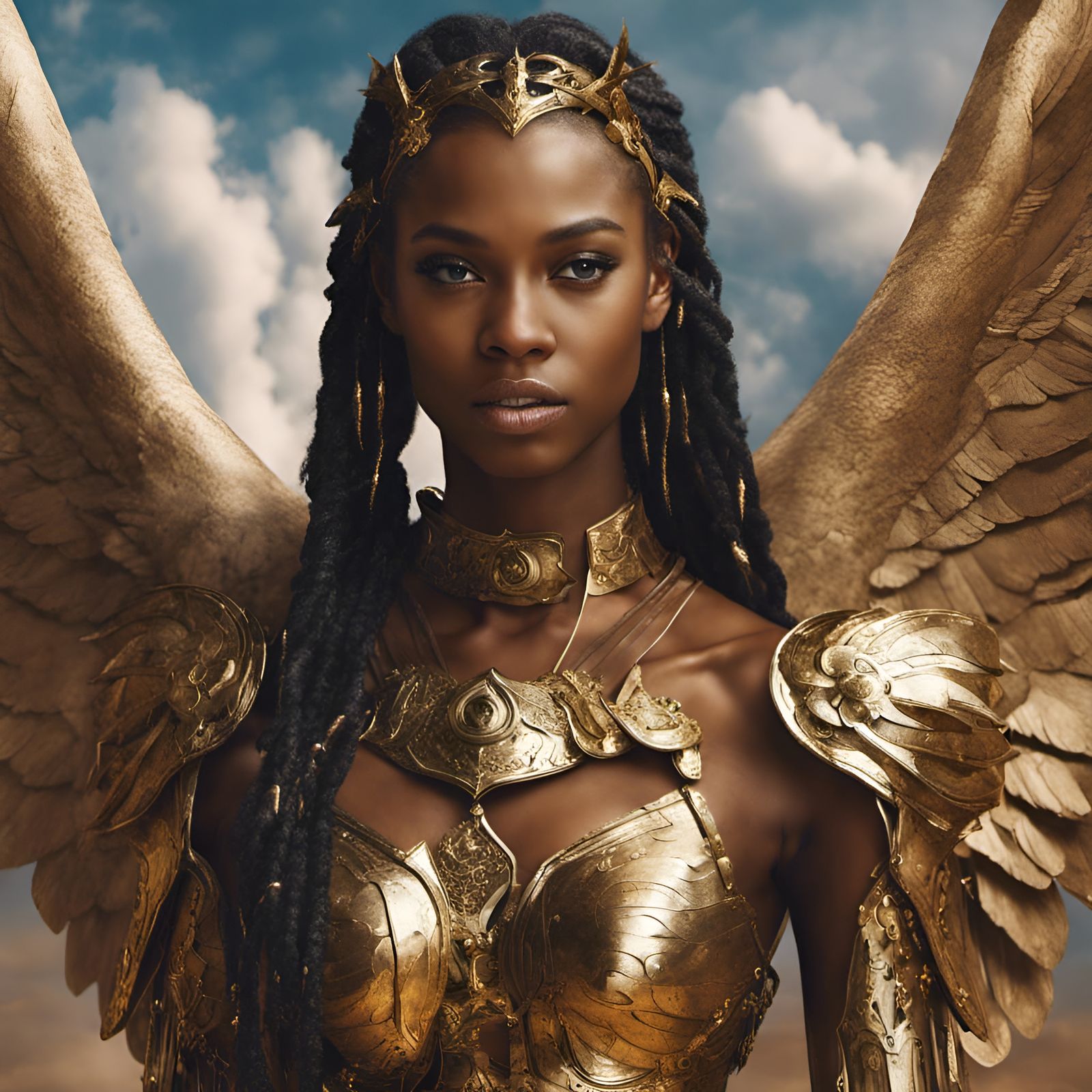 Beautiful Black Woman Angel in Golden Armor