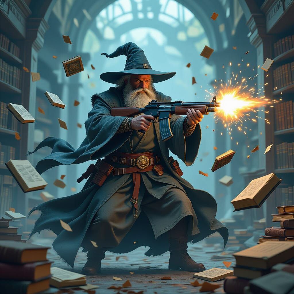 Wizard with Shotgun in Gritty Sci-Fi Style