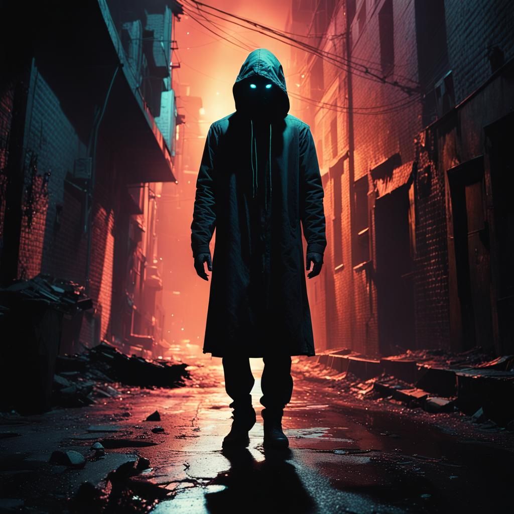 Eerie Hooded Figure in Dark Sci-Fi Alley