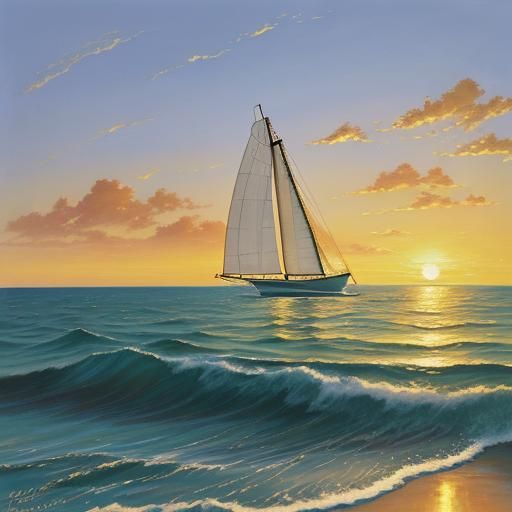 Golden Hour Sailboat: A Tranquil Oil Painting